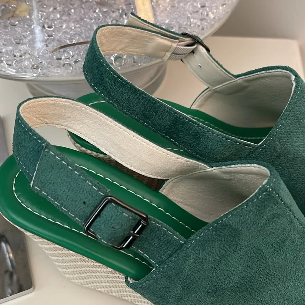 Green Suede Peep-Toe Wedge Slingbacks